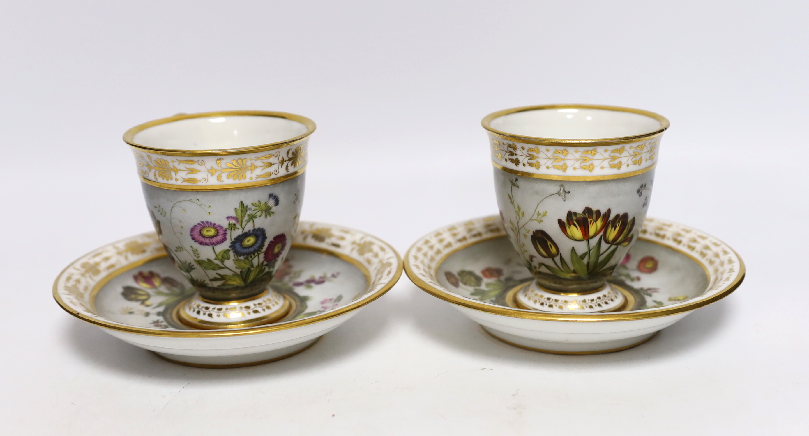 A pair of early 19th century Paris porcelain botanical cups and saucers, one signed Dihl, 9cm high